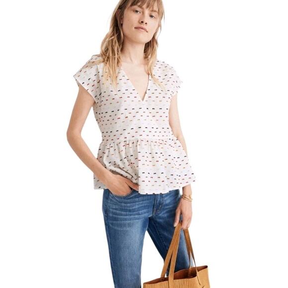 Madewell Peplum Crossover Top in Rainbow Clipdot XL Festival Boho Colorful Light - Picture 2 of 12